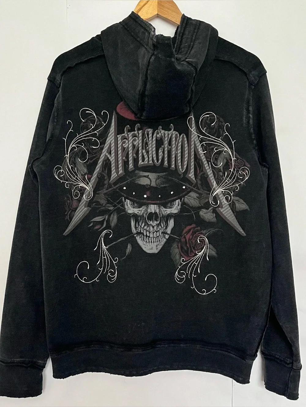 Affliction Zip Up Hoodie Sweatshirt Cross Skull Embroidery Size Small Gray Black